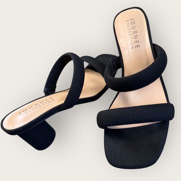 Journee Collection Fabric Double Strap Block Heel Slip On Sandals Size 10 Black - Picture 2 of 12